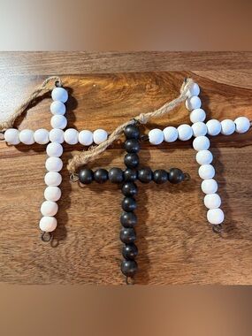Lot of 3 - Handcrafted White and Black Beaded Cross Wall Accent / Ornaments